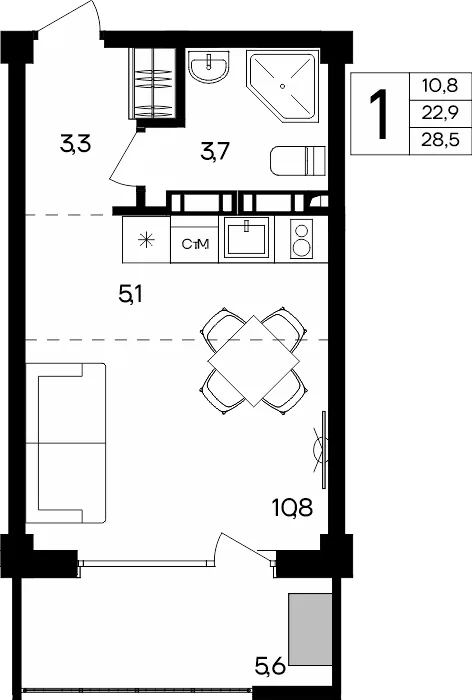 Планировка 1-комн. квартира, 28.5 м² Апарт-комплекс «Альморе»