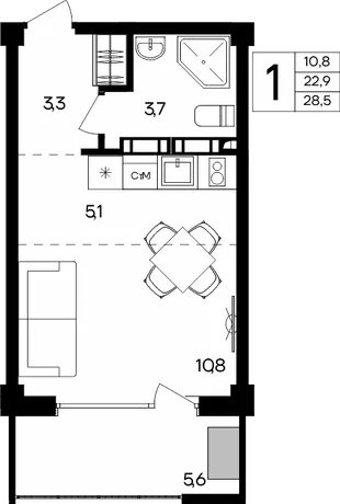 Планировка 1-комн. квартира, 28.5 м² Апарт-комплекс «Альморе»