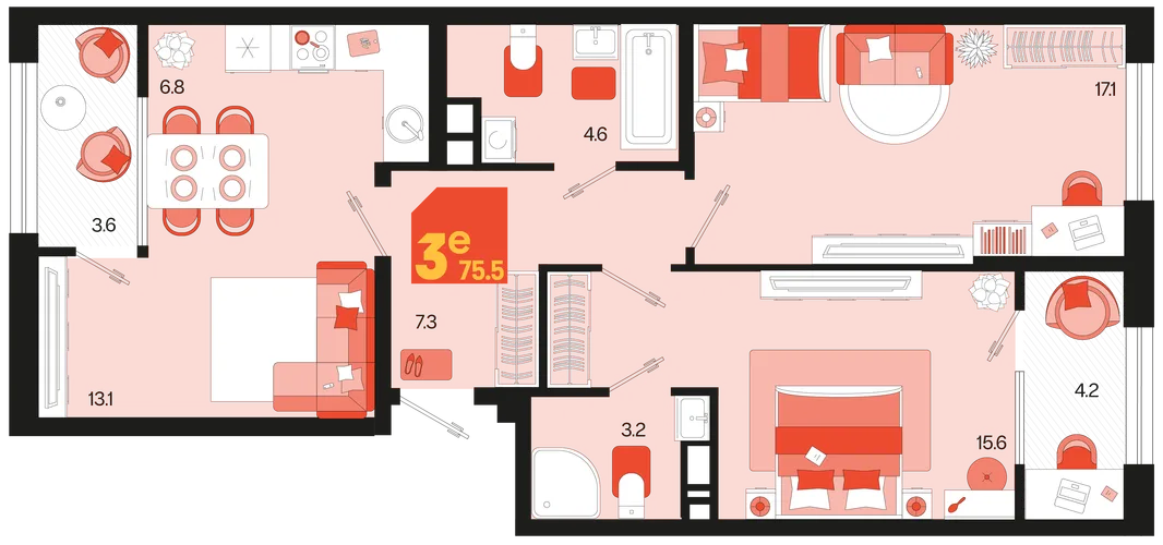 Планировка 3-комн. квартира, 75.5 м² ЖК «Первое место»
