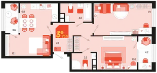 Планировка 3-комн. квартира, 75.5 м² ЖК «Первое место»