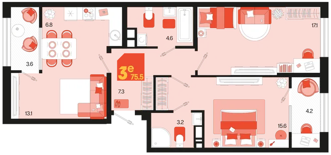 Планировка 3-комн. квартира, 75.5 м² ЖК «Первое место» Планировка 3-комн. квартира, 75.5 м² ЖК «Первое место»