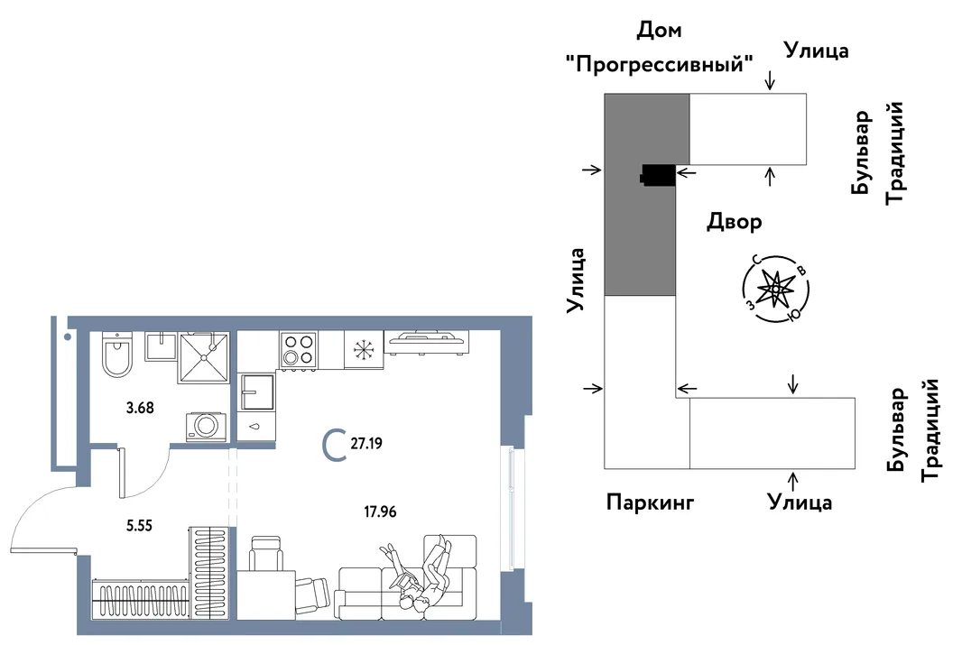 Планировка Студия, 27.19 м² ЖК «Микрорайон Домашний»