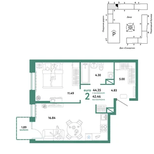 Планировка 2-комн. квартира, 44.35 м² ЖК «Юнион»