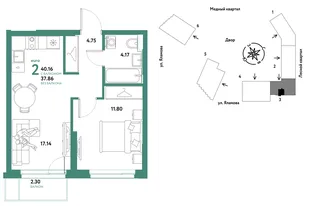 Планировка 2-комн. квартира, 40.16 м² ЖК «Сибирский сад»
