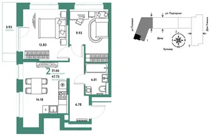 Планировка 2-комн. квартира, 51.75 м² ЖК «Авторский»