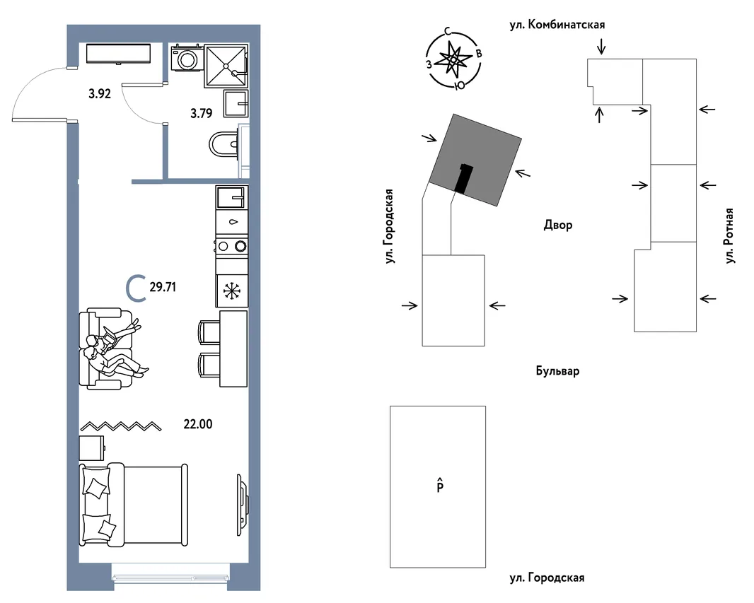 Планировка Студия, 29.71 м² ЖК «Уральский сад»