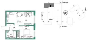 Планировка 2-комн. квартира, 38.54 м² ЖК «Остров-сад»