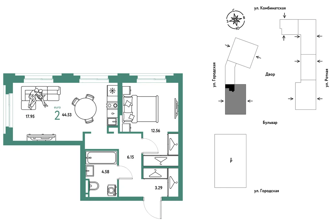 Планировка 2-комн. квартира, 44.53 м² ЖК «Уральский сад»