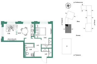 Планировка 2-комн. квартира, 44.53 м² ЖК «Уральский сад»