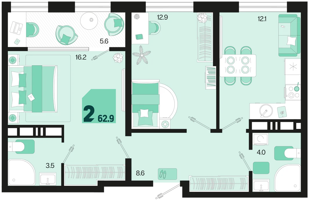 Планировка 2-комн. квартира, 62.9 м² ЖК «Первое место»