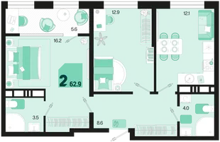 Планировка 2-комн. квартира, 62.9 м² ЖК «Первое место»