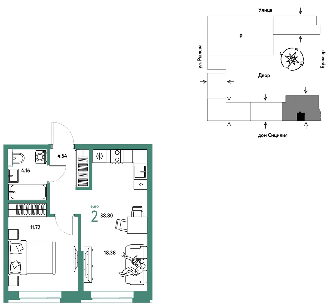 Планировка 2-комн. квартира, 38.8 м² ЖК «Остров-сад»
