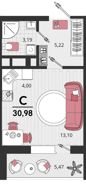 Планировка Студия, 30.98 м² ЖК «Родные просторы»
