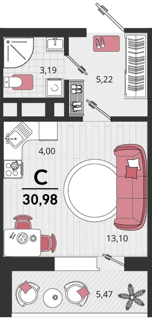 Планировка Студия, 30.98 м² ЖК «Родные просторы»