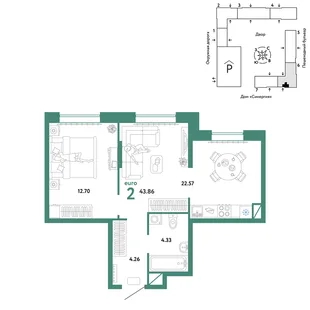 Планировка 2-комн. квартира, 43.86 м² ЖК «Юнион»