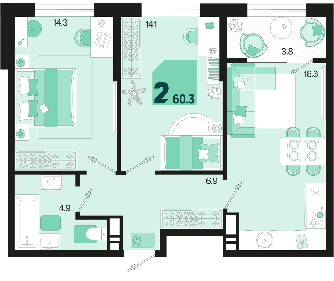 Планировка 2-комн. квартира, 60.3 м² ЖК «Первое место»
