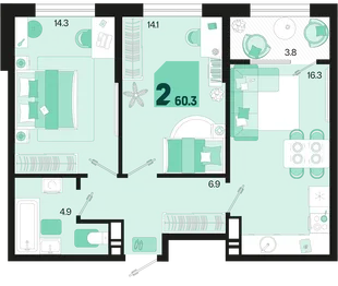 Планировка 2-комн. квартира, 60.3 м² ЖК «Первое место»