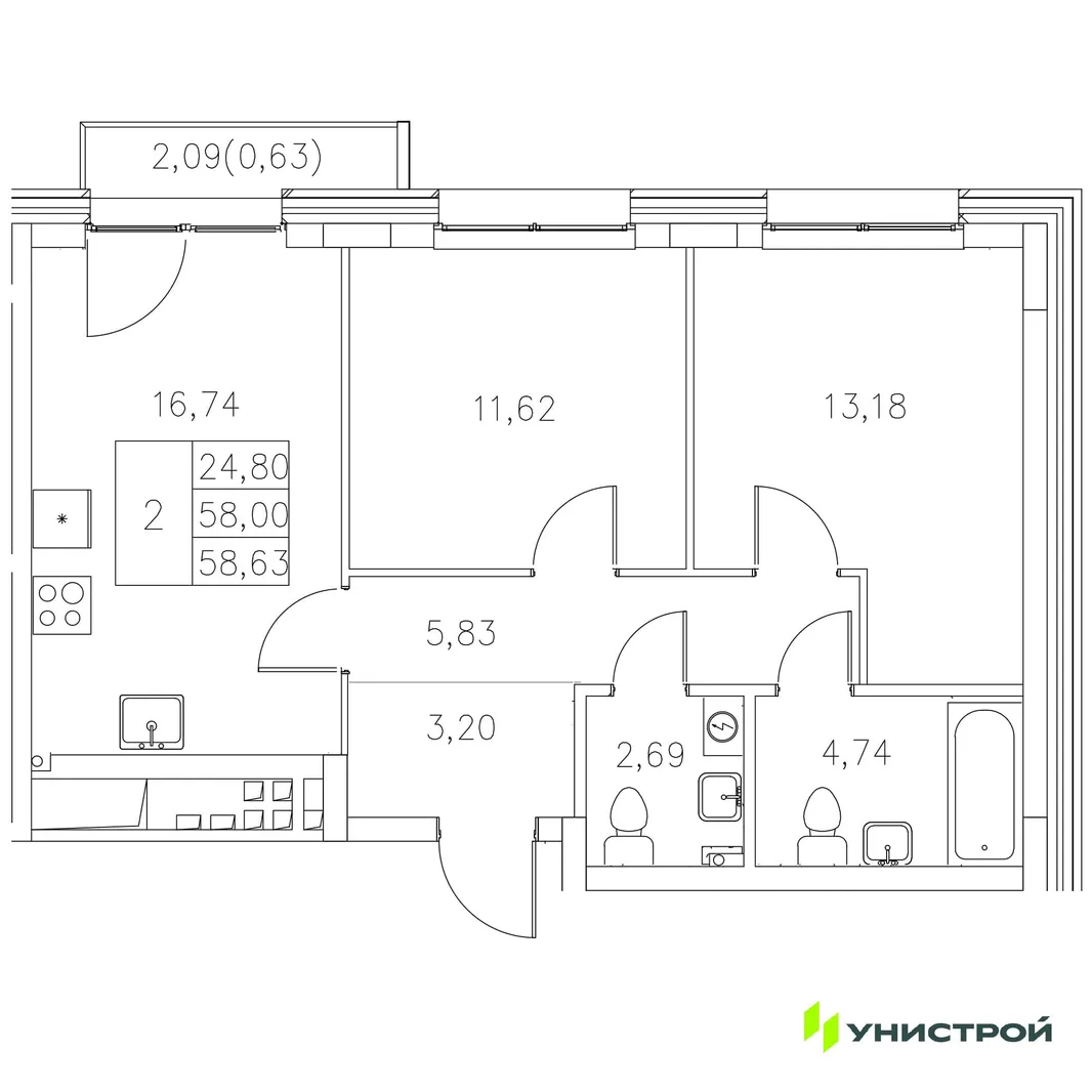Планировка 2-комн. квартира, 58.63 м² ЖК «Statum»