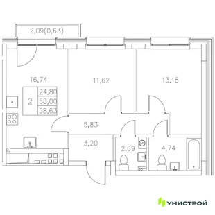 Планировка 2-комн. квартира, 58.63 м² ЖК «Statum»