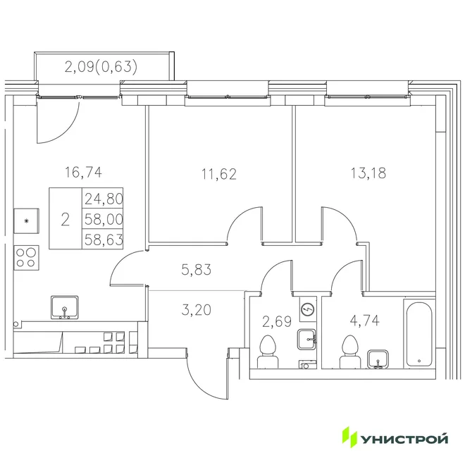 Планировка 2-комн. квартира, 58.63 м² ЖК «Statum» Планировка 2-комн. квартира, 58.63 м² ЖК «Statum»