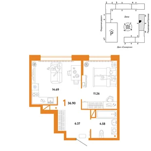 Планировка 1-комн. квартира, 36.9 м² ЖК «Юнион»