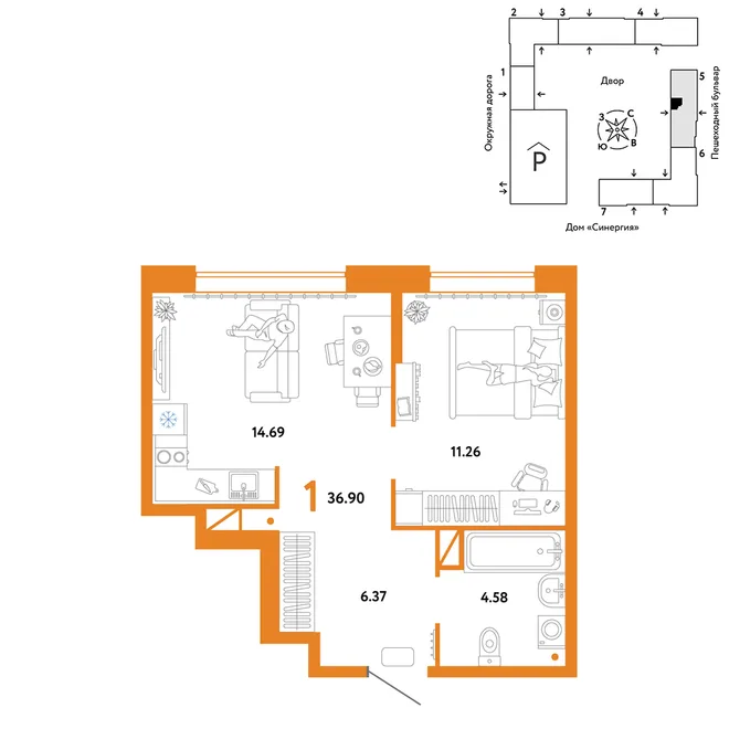 Планировка 1-комн. квартира, 36.9 м² ЖК «Юнион»