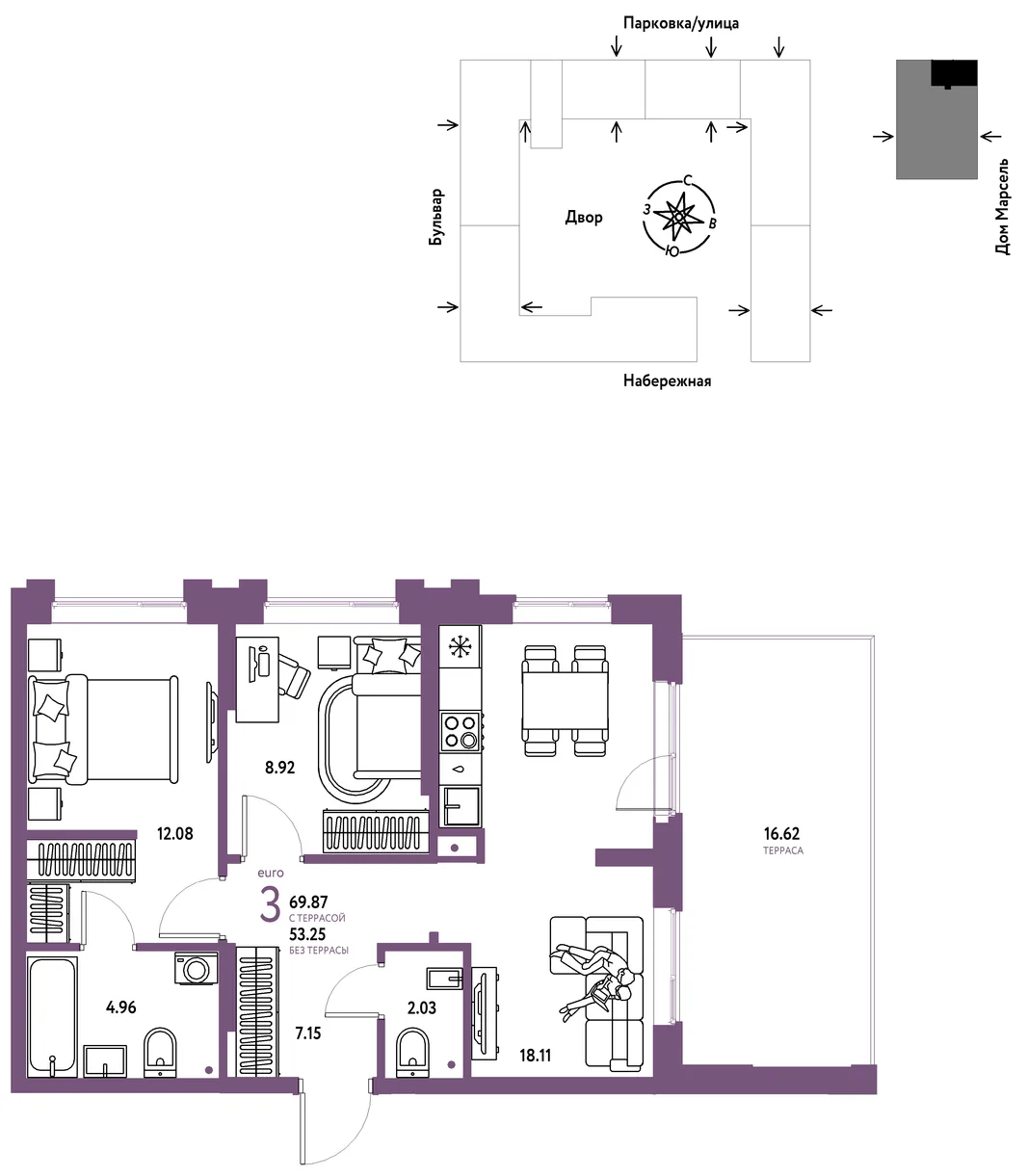 Планировка 3-комн. квартира, 69.87 м² ЖК «Европейский берег 2.0»