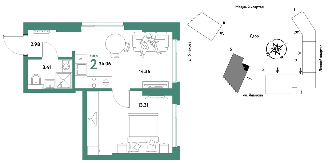 Планировка 2-комн. квартира, 34.06 м² ЖК «Сибирский сад»