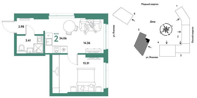 Планировка 2-комн. квартира, 34.06 м² ЖК «Сибирский сад» Планировка 2-комн. квартира, 34.06 м² ЖК «Сибирский сад»