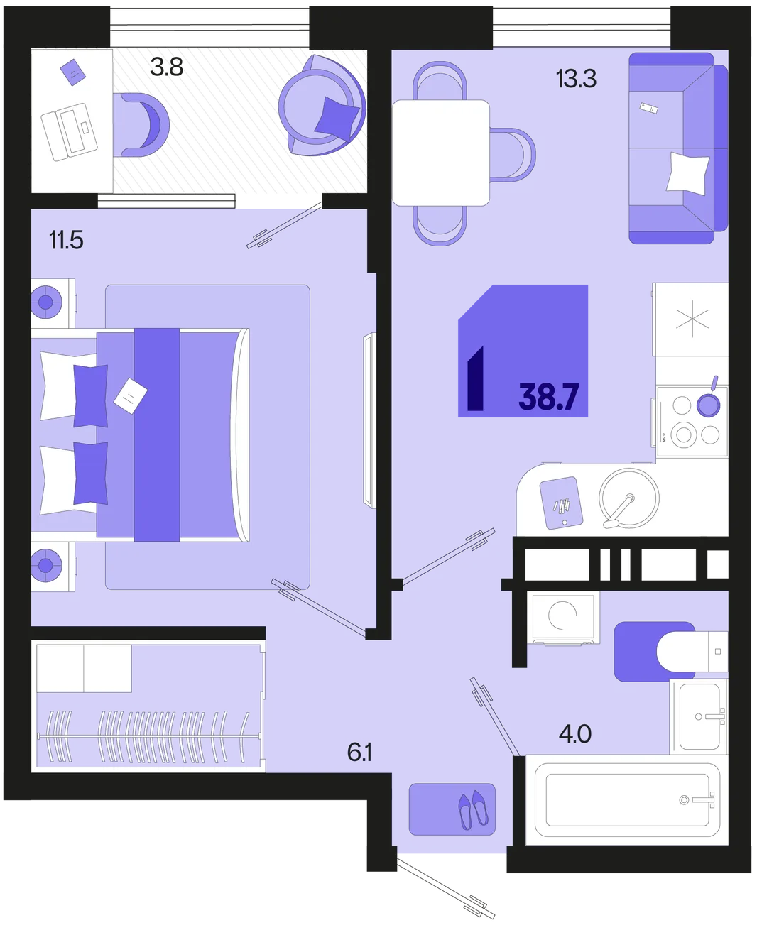 Планировка 1-комн. квартира, 38.7 м² ЖК «Первое место»