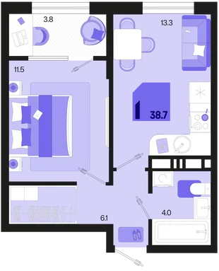 Планировка 1-комн. квартира, 38.7 м² ЖК «Первое место»