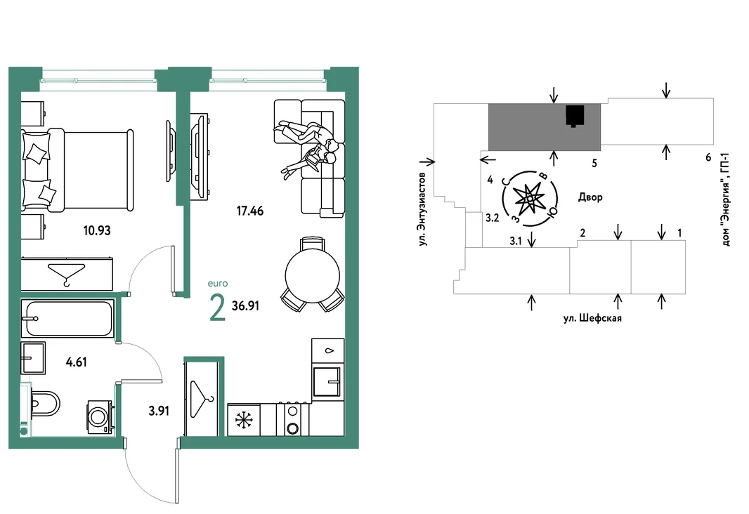 Планировка 2-комн. квартира, 36.91 м² ЖК «Страна.Энтузиастов»