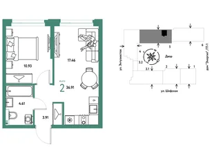 Планировка 2-комн. квартира, 36.91 м² ЖК «Страна.Энтузиастов»