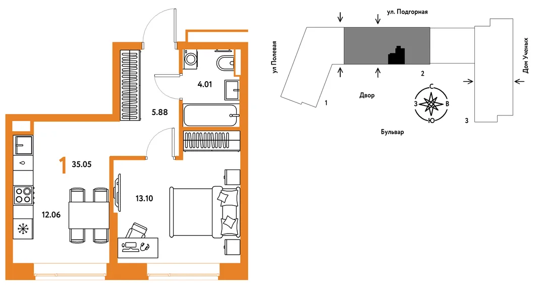 Планировка 1-комн. квартира, 35.14 м² ЖК «Авторский»