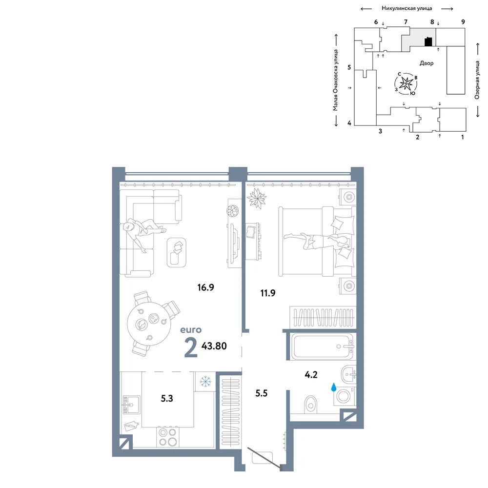 Планировка 2-комн. квартира, 43.8 м² ЖК «Страна.Озёрная»