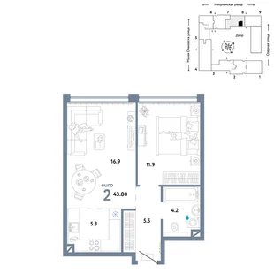 Планировка 2-комн. квартира, 43.8 м² ЖК «Страна.Озёрная»
