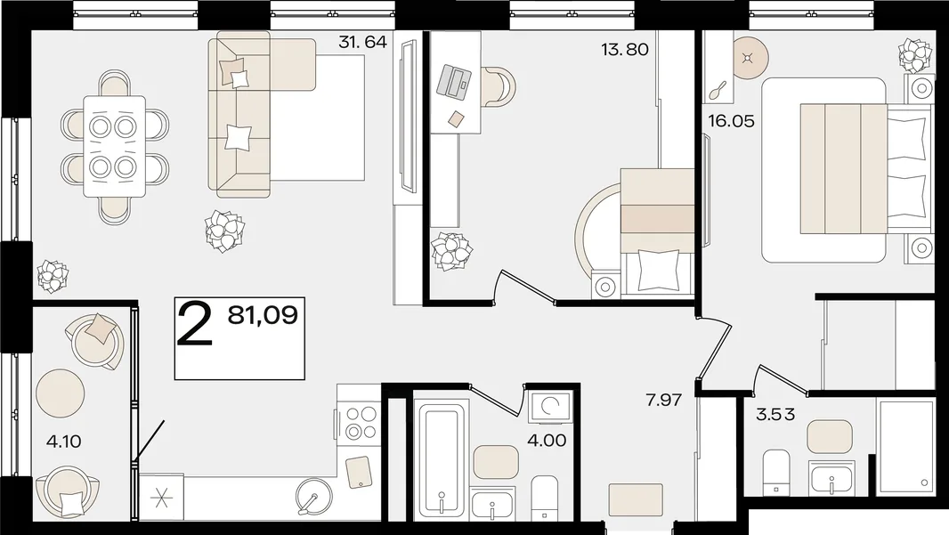 Планировка 2-комн. квартира, 81.09 м² ЖК «Патрики»