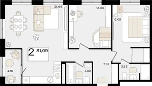 Планировка 2-комн. квартира, 81.09 м² ЖК «Патрики»
