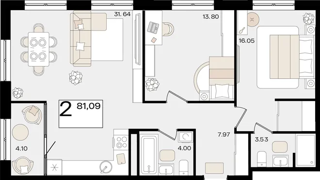 Планировка 2-комн. квартира, 81.09 м² ЖК «Патрики» Планировка 2-комн. квартира, 81.09 м² ЖК «Патрики»