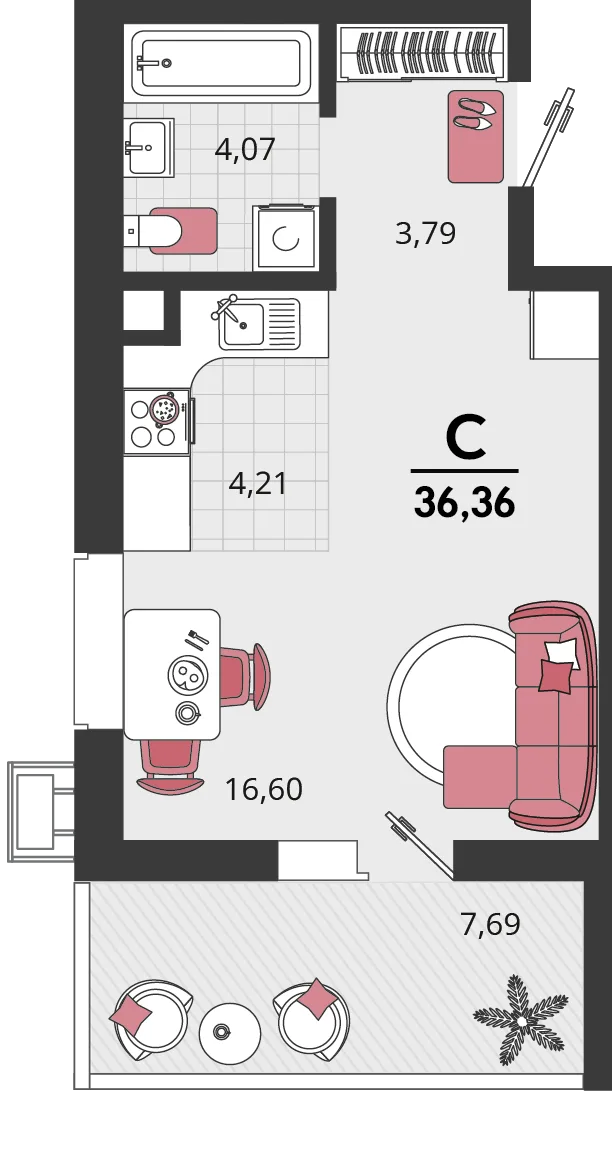 Планировка 1-комн. квартира, 36.36 м² ЖК «Родные просторы»