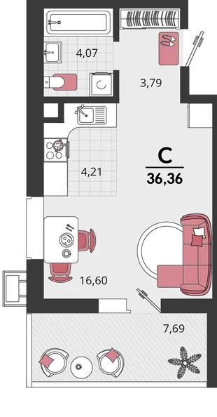 Планировка 1-комн. квартира, 36.36 м² ЖК «Родные просторы»