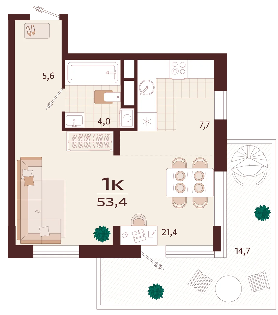 Планировка 1-комн. квартира, 53.4 м² ЖК «Роялта»