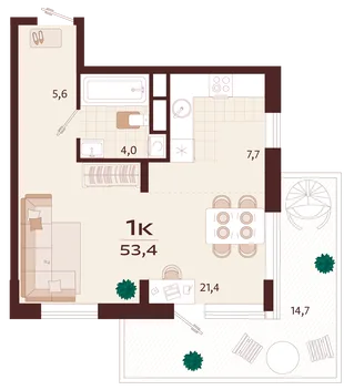 Планировка 1-комн. квартира, 53.4 м² ЖК «Роялта»