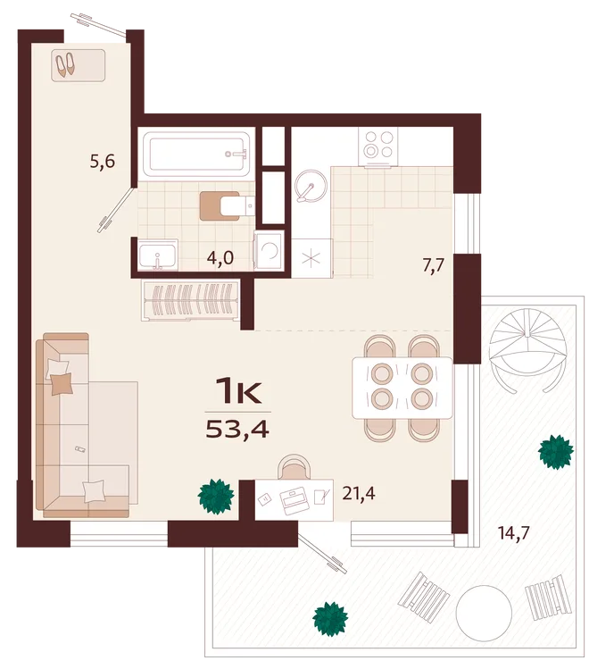 Планировка 1-комн. квартира, 53.4 м² ЖК «Роялта» Планировка 1-комн. квартира, 53.4 м² ЖК «Роялта»