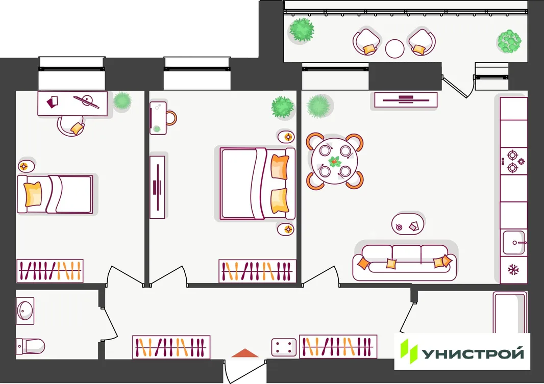 Планировка 2-комн. квартира, 68.92 м² ЖК «Южный бульвар 2»