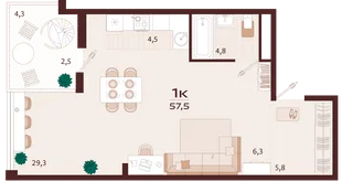 Планировка 1-комн. квартира, 57.5 м² ЖК «Роялта»