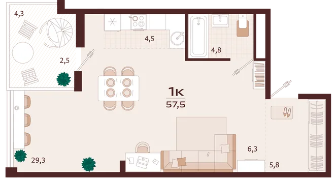 Планировка 1-комн. квартира, 57.5 м² ЖК «Роялта» Планировка 1-комн. квартира, 57.5 м² ЖК «Роялта»