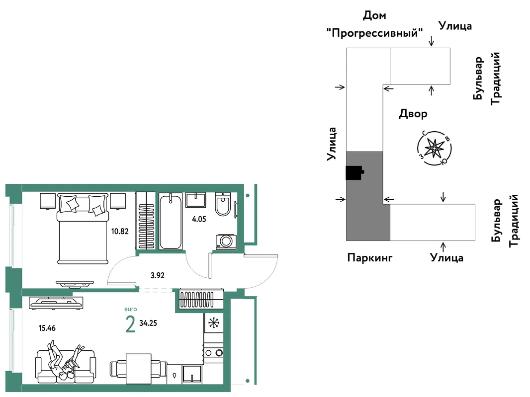 Планировка 2-комн. квартира, 34.25 м² ЖК «Микрорайон Домашний»