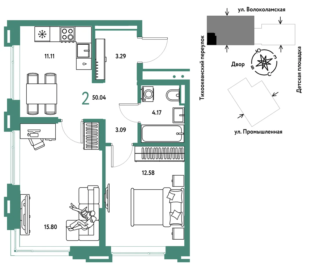Планировка 2-комн. квартира, 50.04 м² ЖК «Страна Прибрежная»
