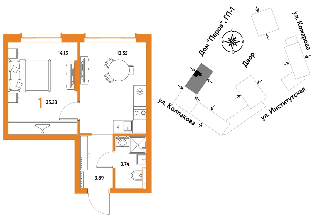 Планировка 1-комн. квартира, 35.33 м² ЖК «Страна.Парковая»
